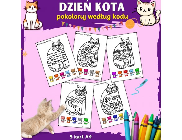 Pokoloruj według kodu- Dzień Kota