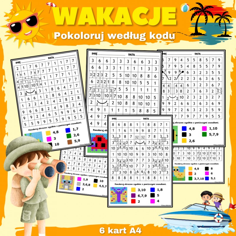 Wakacje - Pokoloruj według kodu