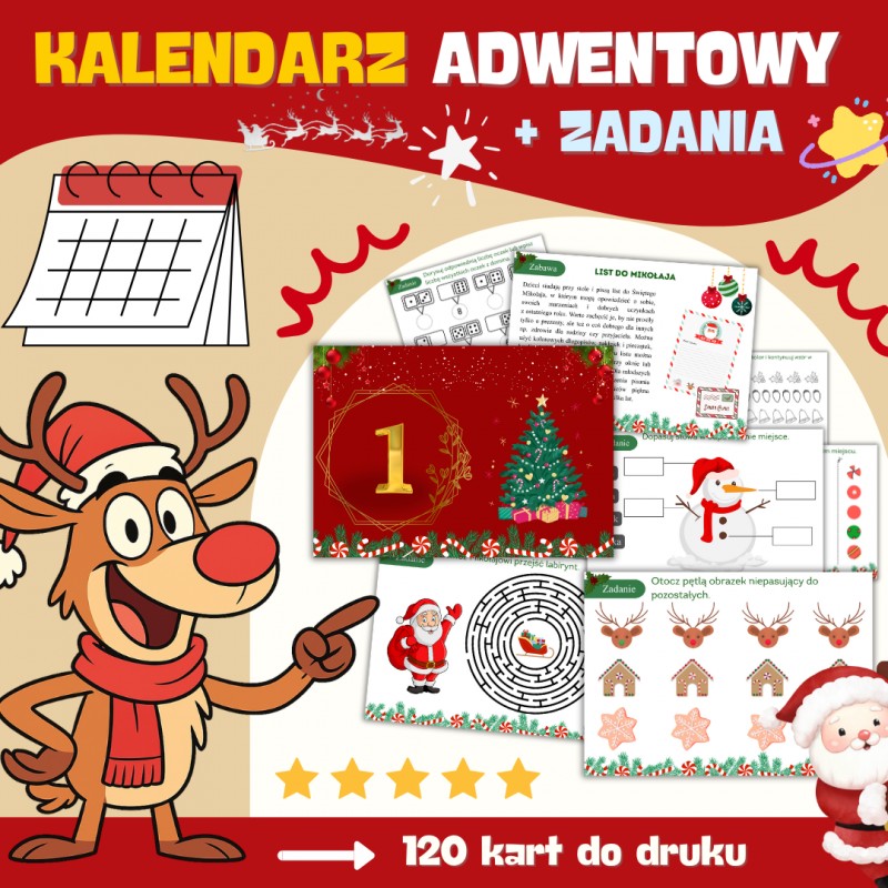 KALENDARZ ADWENTOWY z zadaniami do druku – świąteczna zabawa dla dzieci