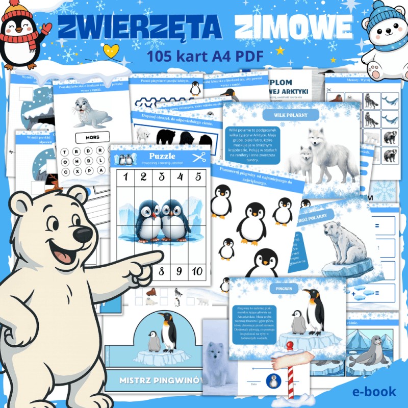 Zestaw ZWIERZĘTA ZIMOWE – karty pracy i ilustracje dla dzieci